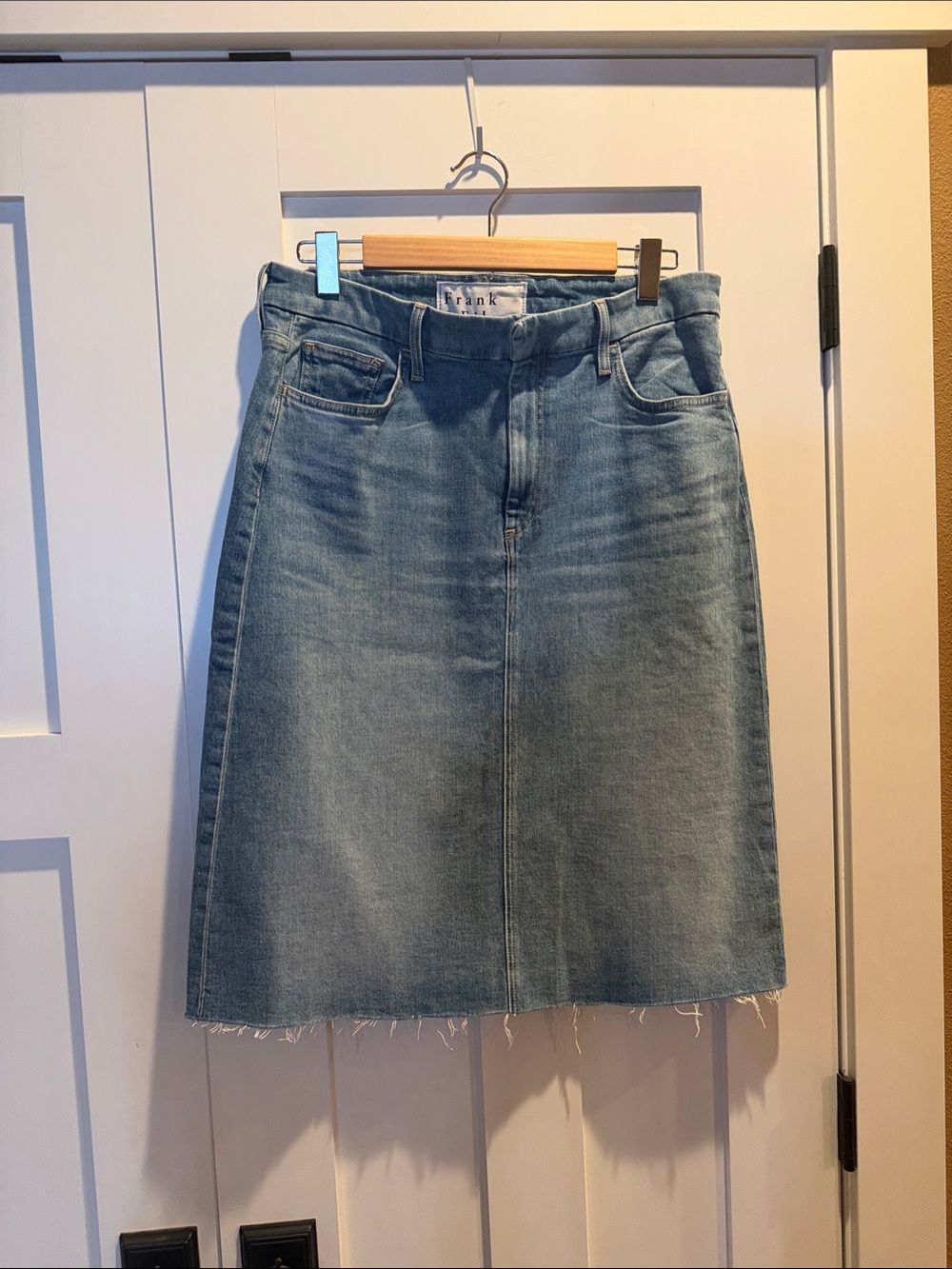 Frank & Eileen Light Blue Denim Midi Skirt with Raw Hem